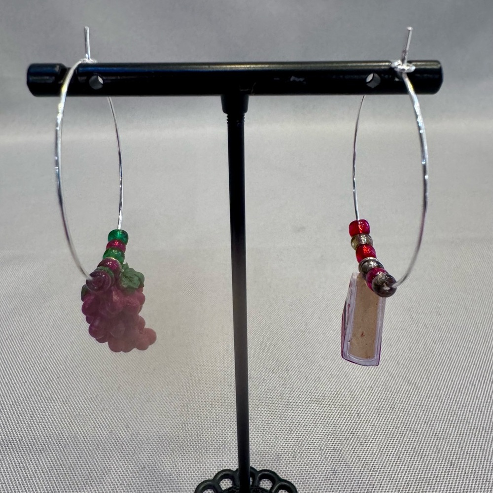 Handmade Eclectic Silver and Multicolor Beaded Food & Beverage Hoop Earrings